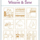 Cover of the "Handwoven Designing to Weave & Sew - eBook Printed Copy" by Long Thread Media, authored and illustrated by Jean Scorgie. The cover features a grid with nine hand-drawn illustrations showcasing various tools and techniques for weaving and sewing, including fabric patterns, garments, and a weaving loom.