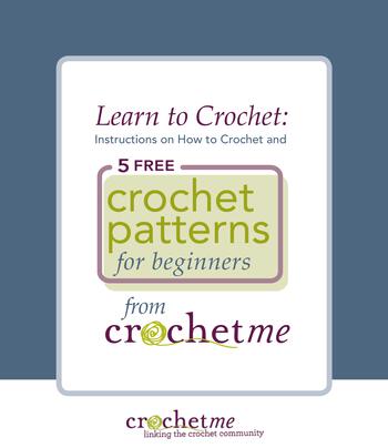 A flyer titled "Learn to Crochet: Instructions on How to Crochet and 5 Free Crochet Patterns for Beginners from Long Thread Media's Interweave Crochet eBook." The logo and tagline "crochetme - linking the crochet community" are displayed at the bottom of the page. The colors are mostly green, white, and purple.