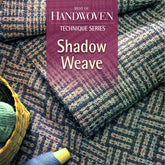 A handwoven textile displays detailed color-and-weave patterns in shades of purple and brown, accompanied by a basket filled with vibrant yarn. The text reads, "Best of Handwoven Technique Series: Shadow Weave Handwoven eBook (Printed version)" from Long Thread Media.