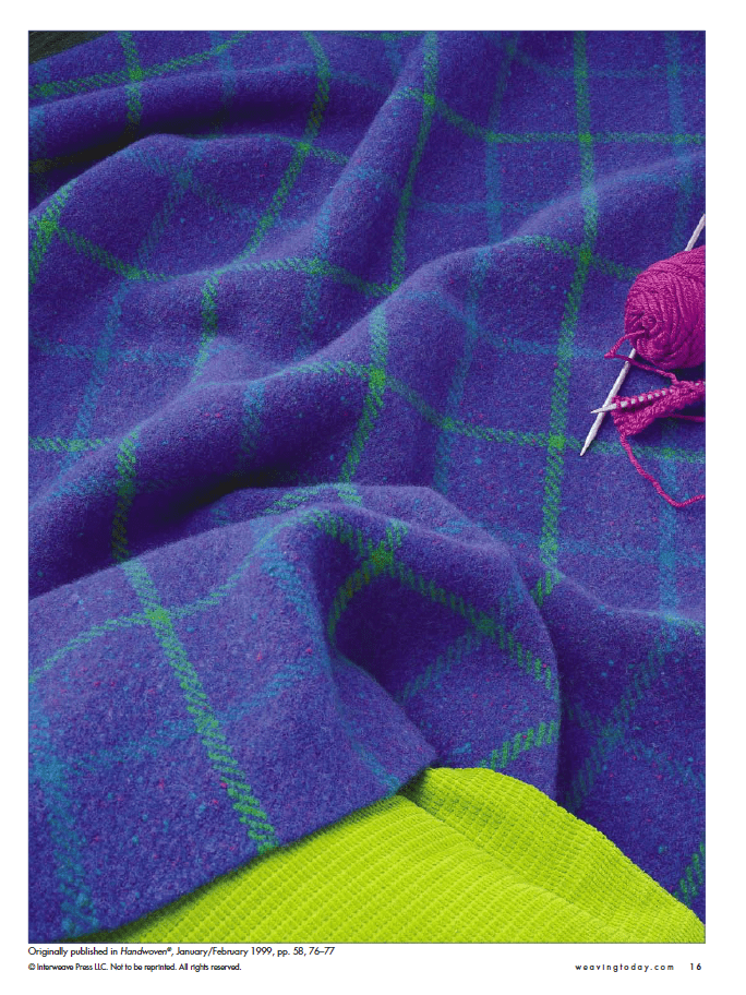 A close-up of blue and green plaid fabric draped artistically, showcasing intricate weaving patterns, is enhanced by bright green and purple yarn alongside purple knitting needles. Product: Best of Handwoven Technique Series: Twills on Four Shafts eBook by Long Thread Media.