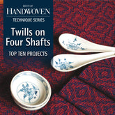 Cover of the book titled "Best of Handwoven Technique Series: Twills on Four Shafts eBook (Printed version)" by Long Thread Media. It features intricate twill patterns with red and dark-patterned fabric, complemented by ceramic spoons and bowls adorned with blue floral designs—ideal for weaving design enthusiasts.