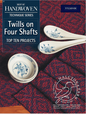 Cover of "Best of Handwoven Technique Series: Twills on Four Shafts" eBook by Long Thread Media, showcasing top ten weaving patterns, blue and white decorative bowls, and a red cloth with Halcyon Yarn logo—perfect inspiration for handweaving enthusiasts.