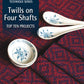 Cover of "Best of Handwoven Technique Series: Twills on Four Shafts (Printed Version)" by Long Thread Media, showcasing a woven red textile adorned with a black pattern, accompanied by two floral ceramic spoons and a matching floral bowl. The title "Twills on Four Shafts: Top Ten Projects" is displayed in the upper left corner.