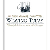 A book cover titled "Handwoven Presents: All About Weaving Looms with Weaving Today, Handwoven eBook Printed" by Long Thread Media. The cover features an illustration of a hand weaving on a loom, set against a white background with simple, elegant borderlines.