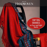 A vibrant red woven shawl with blue patterned edges is elegantly draped over a wooden chair, highlighting the exquisite craftsmanship of handwoven shawls. The text reads, "Best of Handwoven: Top Ten Shawls on Four and Eight Shafts," an eBook (printed version) by Long Thread Media.