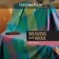 A vibrant plaid-patterned wool blanket is draped over a chair. The text reads "Best of Handwoven Yarn Series: Weaving with Wool: All About Wet Finishing (Printed Version)" by Long Thread Media. A weaving shuttle rests on the blanket.