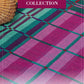 A vibrant woven textile featuring a geometric pattern in hues of pink, purple, green, and blue is spread on the floor. In the upper left corner rests a woven basket. The text says "Handwoven Master Weaver Series, Projects from Rosalie Neilson (Rep Weave) - eBook Printed Copy by Long Thread Media.