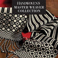 A close-up of two intricately patterned woven textiles in black and white, draped artistically. The upper text reads "Handwoven's Master Weaver Collection: Favorite Projects and Lessons from Madelyn van der Hoogt eBook Printed Copy" by Long Thread Media. One textile has geometric patterns, while the other features striped designs.