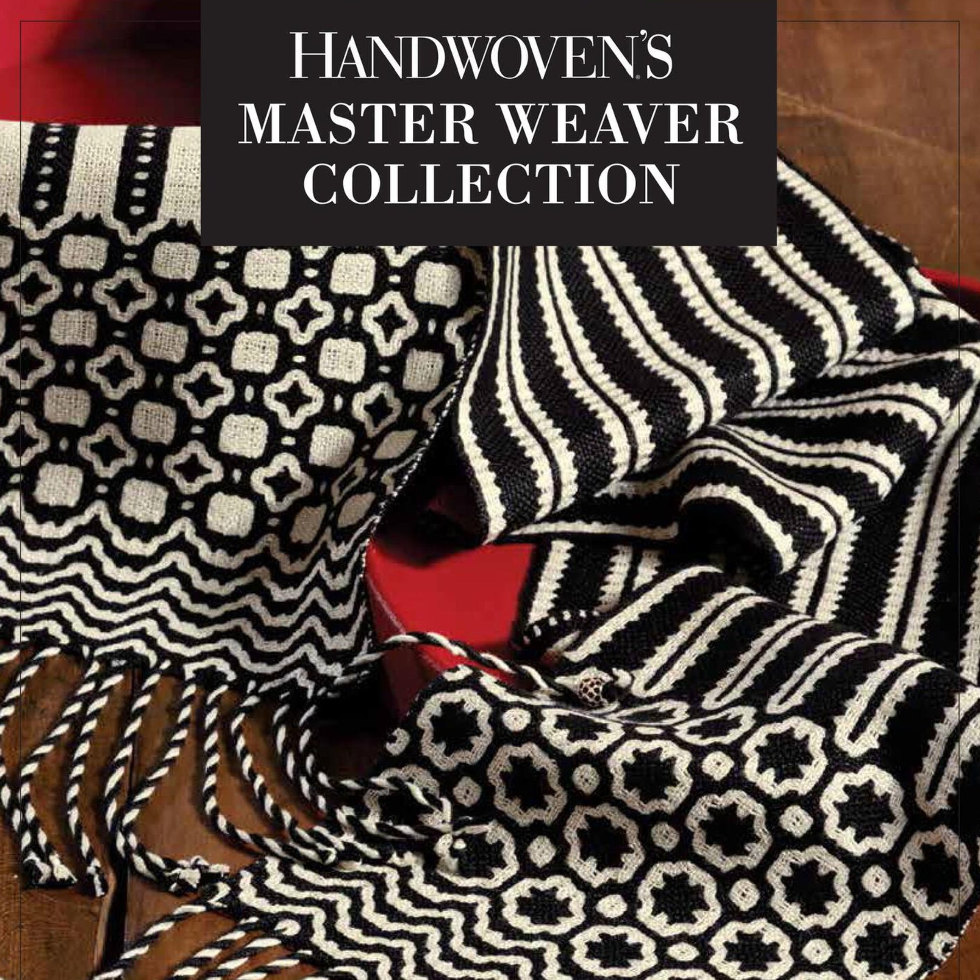 A close-up of two intricately patterned woven textiles in black and white, draped artistically. The upper text reads "Handwoven's Master Weaver Collection: Favorite Projects and Lessons from Madelyn van der Hoogt eBook Printed Copy" by Long Thread Media. One textile has geometric patterns, while the other features striped designs.