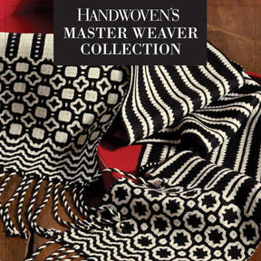 A close-up of two intricately patterned woven textiles in black and white, draped artistically. The upper text reads "Handwoven's Master Weaver Collection: Favorite Projects and Lessons from Madelyn van der Hoogt eBook Printed Copy" by Long Thread Media. One textile has geometric patterns, while the other features striped designs.