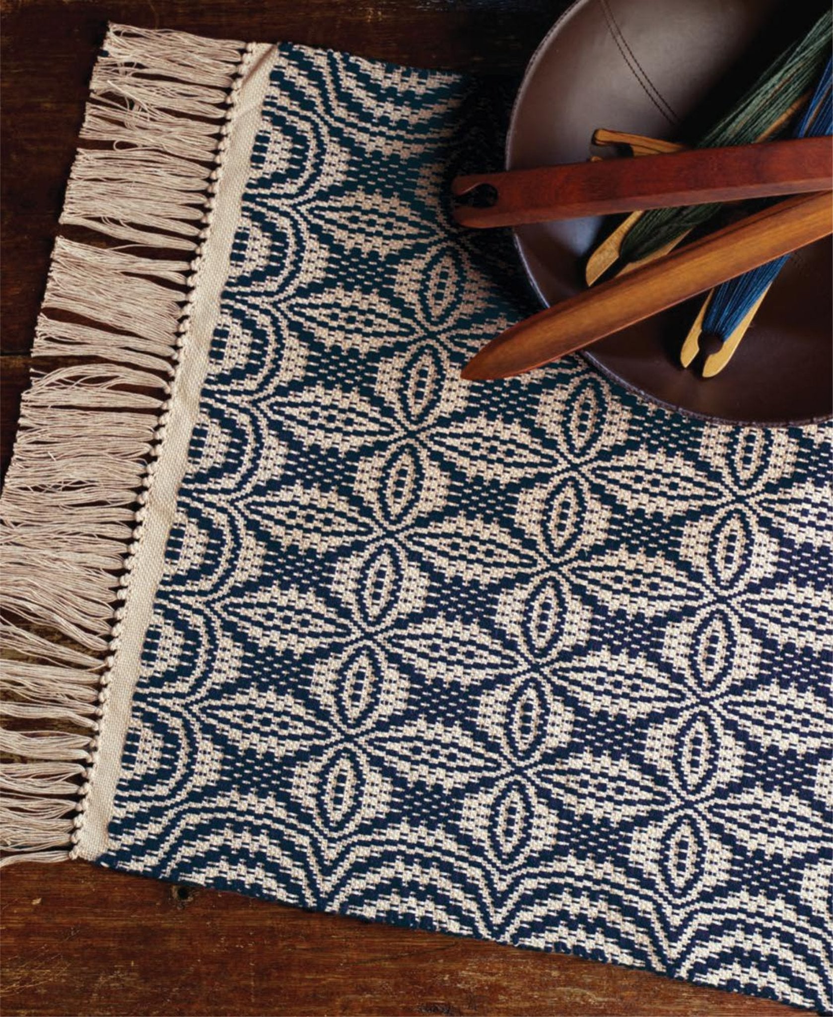 A flat-weave rug with a blue and cream geometric pattern featuring flower-like shapes. The rug has fringed edges on one side. Resting partly on the rug is the "Handwoven's Master Weaver Collection: Favorite Projects and Lessons from Tom Knisely" eBook printed copy by Long Thread Media, alongside a brown bowl containing wooden utensils and embroidery thread in various colors. The surface below is wooden.