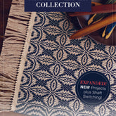 Cover of Long Thread Media's "Handwoven's Master Weaver Collection: Favorite Projects and Lessons from Tom Knisely - eBook Printed Copy." The background showcases a woven fabric with a beige and dark blue pattern, accompanied by weaving tools. A circular sticker highlights the expanded content.