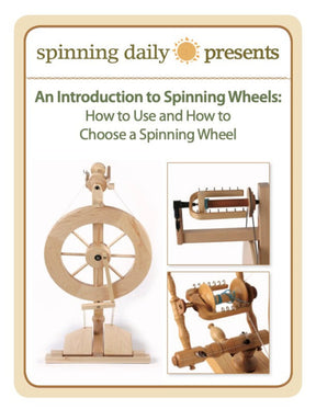 A printed eBook from Long Thread Media titled "An Introduction to Spinning Wheels, Spinning Daily" features detailed images of different parts of a spinning wheel, including the wheel, bobbin, and flyer assembly.