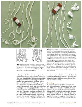 An open copy of "An Introduction to Spinning Wheels, Spinning Daily eBook Printed" by Long Thread Media reveals two informative pages. The left page showcases yarn samples alongside a helpful diagram, while the right page provides close-up images of two distinct types of yarn ply. The accompanying text thoroughly explains various plying techniques for creating different yarn structures using Columbia fleece.