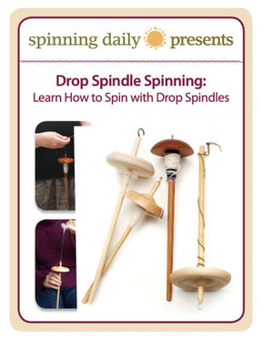 An instructional poster for the Long Thread Media eBook "Drop Spindle Spinning" presented by Spinning Daily. It features images of various drop spindles and photos of a person demonstrating spinning techniques.