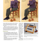 Two images from the "Drop Spindle Spinning, Spinning Daily eBook Printed" by Long Thread Media depict a person spinning yarn while seated on a chair. The left image shows the person turning a spindle counterclockwise, and the right image illustrates them pulling out another arm's length of yarn to be spun. Below is a small spinning wheel along with text instructions.