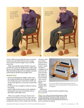 Two images from the "Drop Spindle Spinning, Spinning Daily eBook Printed" by Long Thread Media depict a person spinning yarn while seated on a chair. The left image shows the person turning a spindle counterclockwise, and the right image illustrates them pulling out another arm's length of yarn to be spun. Below is a small spinning wheel along with text instructions.