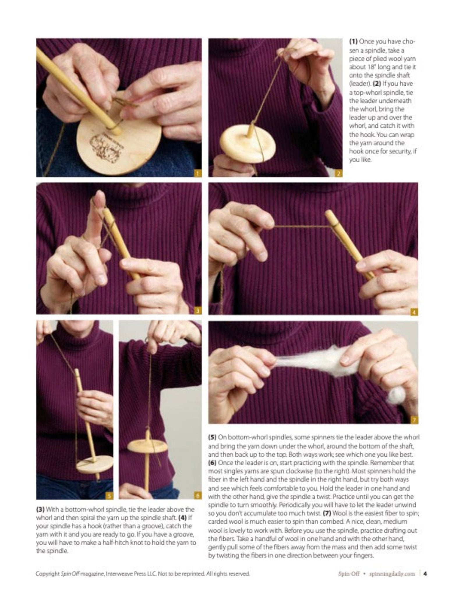 Explore the "Drop Spindle Spinning" eBook by Long Thread Media for a six-step instructional guide on spinning yarn with a spindle. Each step is illustrated with images of hands manipulating both the spindle and yarn, accompanied by detailed text descriptions that demonstrate the process from securing the yarn to controlling the spindle's rotation. This hands-on practice is thoroughly illustrated for easy learning.