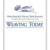 Cover image titled "Four Table Runner Patterns, Handwoven eBook (Printed version) by Long Thread Media," featuring illustrations of yarn and weaving tools at the top.