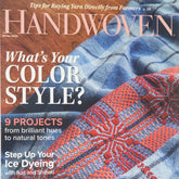 Cover of Handwoven Magazine Winter 2024 by Long Thread Media. Highlights patterns in blue and red textiles with hand-dyed colors. Headlines feature "What's Your Color Style?" along with weaving projects focused on ice dyeing techniques and articles honoring vintage weavers.