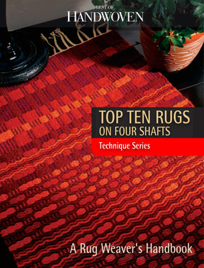 Cover of "Best of Handwoven Technique Series: Top Ten Rugs on Four Shafts" (Printed Version) by Long Thread Media. It showcases a red and orange Krokbragd rug with geometric patterns placed on a wooden floor, with a partially visible potted plant adding greenery to the scene.