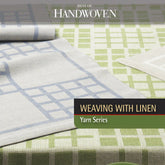 A close-up of linen fabric featuring a geometric pattern in green and gray highlights the intricate details of linen weaving. The text reads "Best of Handwoven" at the top and "Weaving with Linen: Yarn Series" at the bottom, celebrating exquisite projects using the *Best of Handwoven Yarn Series: Weaving with Linen eBook (Printed version)* by Long Thread Media.