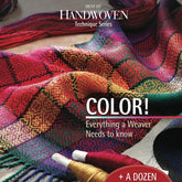 A magazine cover features the "Best of Handwoven Technique Series: Color! Everything a Weaver Needs to Know" with vibrant, multicolored woven textiles in red, purple, green, and yellow patterns. Weaving tools are subtly visible on the cover by Long Thread Media. This edition is now available as an eBook.