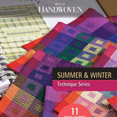 A vibrant weaving project featuring geometric patterns is displayed beside an open notebook showcasing design sketches. The text overlays read "Best of Handwoven Technique Series" and "Summer & Winter" with "11 Projects for 4-Shaft Looms," by Long Thread Media.