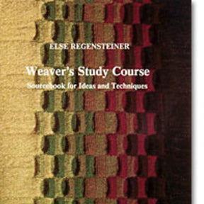 Cover of the book "Weaver's Study Course" by Else Regensteiner, published by Schiffer Publishing Co. The design showcases a woven fabric with a gradient pattern that transitions through various colors, from beige on the left to dark red and green on the right. The intricate weaving patterns inspire creativity.