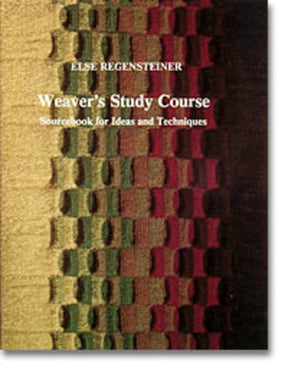 The cover of "Weaver's Study Course" by Schiffer Publishing Co. features the title in centered white text, followed by the subtitle "Sourcebook for Ideas and Techniques." The background displays a vibrant woven textile design with varying shades of brown, green, and red, echoing intricate weaving patterns and creativity.