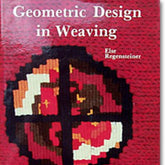 The book cover for "Geometric Designs in Weaving" by Else Regensteiner, published by Schiffer Publishing Co., features a red background adorned with a circular, intricate geometric weaving pattern. This pattern, composed of red, white, brown, and black colors, captures the precision of loom-controlled weaves.