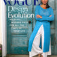 The Vogue Knitting Spring/Summer 2023 issue by Soho Publishing showcases a confident woman with long gray hair clad in a blue knit top and white wide-leg pants, standing against a vintage wooden door. The main headline reads "Design Evolution: Modern Knits for All the Times of Your Life.