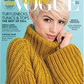 A woman with short, blonde hair graces the cover of Vogue Knitting Fall 2019 by Soho Publishing. She is dressed in a chunky, mustard-yellow knitted turtleneck sweater. This issue features articles on turtlenecks, tunics, fall designs, and the latest trends in fall yarn.