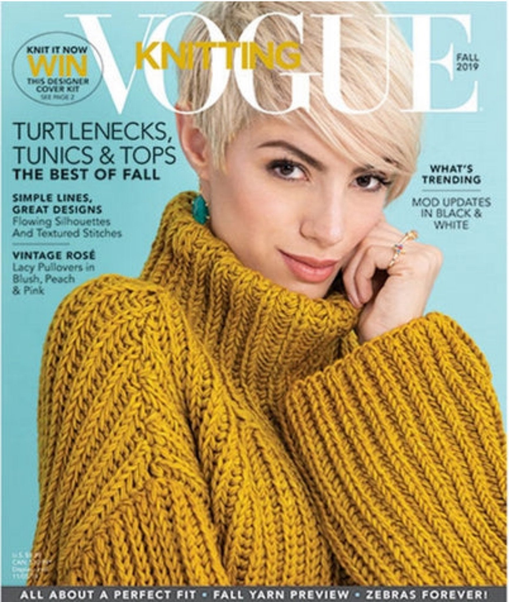 A woman with short, blonde hair graces the cover of Vogue Knitting Fall 2019 by Soho Publishing. She is dressed in a chunky, mustard-yellow knitted turtleneck sweater. This issue features articles on turtlenecks, tunics, fall designs, and the latest trends in fall yarn.