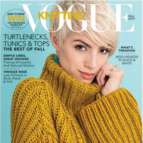 A woman with short blonde hair is featured on the cover of Vogue Knitting Fall 2019 by Soho Publishing, wearing a chunky mustard yellow turtleneck sweater. This edition showcases fashionable turtlenecks, tunics, and vintage rose-themed fall styles.