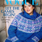 A woman in a blue and purple knit sweater featuring geometric patterns is seated, facing forward. The magazine cover displays the text: "Soho Publishing - Vogue Knitting Winter 2022/23: Let the games begin! Play with graphic knits." Dive into Stitch Cinematique this season!