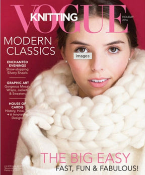 The cover of Vogue Knitting Holiday 2016, published by Soho Publishing, showcases a woman adorned in a chunky white knit scarf. Prominent articles include topics on modern classics, enchanted evenings, graphic art, and a special feature titled "The Big Easy: Fast, Fun & Fabulous!