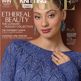 On the cover of Vogue Knitting Holiday 2019 by Soho Publishing, a woman with curly hair dons blue earrings and a blue knit sweater with statement sleeves. The cover highlights phrases like "Ethereal Beauty" and "The Ultimate Holiday Collection," and includes insights from designers Amy Gunderson and Cornelia Hamilton.