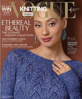 On the cover of Vogue Knitting Holiday 2019 by Soho Publishing, a woman with curly hair dons blue earrings and a blue knit sweater with statement sleeves. The cover highlights phrases like "Ethereal Beauty" and "The Ultimate Holiday Collection," and includes insights from designers Amy Gunderson and Cornelia Hamilton.