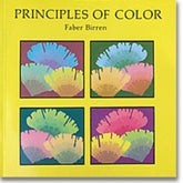 A book titled "Principles of Color" published by Schiffer Publishing Co. features a yellow cover adorned with a 2x2 grid of abstract, colorful, fan-shaped designs in blue, green, yellow, pink, and purple on different colored backgrounds, reflecting various color theories explored within.