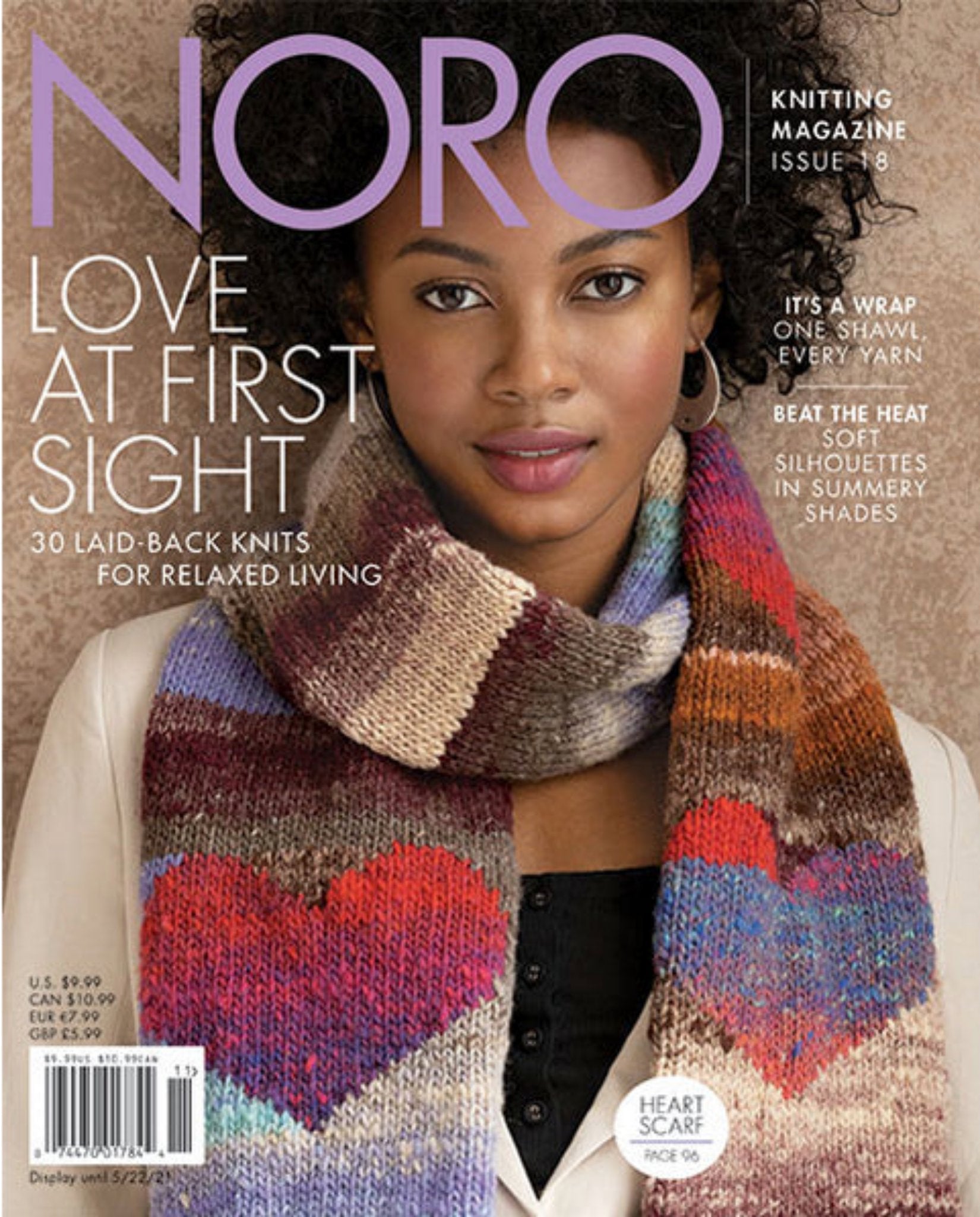 The cover of the "Noro Knitting Magazine Spring/Summer 2021 Issue 18" by Soho Publishing features a person with curly hair wearing a patterned scarf in summery shades of red, purple, and brown. The cover highlights the theme "Love at First Sight: 30 Laid-Back Knits for Relaxed Living.