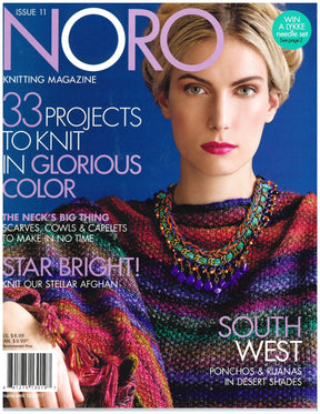 Cover of the "Noro Knitting Magazine Fall/Winter 2017 Issue 11" by Soho Publishing, featuring a woman wearing a multicolored knitted shawl and a beaded necklace. Highlights include "33 Projects to Knit in Glorious Color," "Scarves, Cowls & Capes," "Star Bright! Knit Our Stellar Afghan," and stylish "Southwest Ponchos & Reijanas.