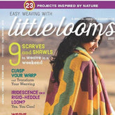 The cover of "Easy Weaving with Little Looms - Summer 2020" magazine by Long Thread Media showcases a person wearing a colorful, zigzag-patterned shawl. Headlines highlight articles on scarves, shawls, weaving tips, nature-inspired weaving projects using rigid-heddle looms, and instructions for weaving an afghan on a pin loom.