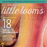 Cover of "Easy Weaving with Little Looms," Summer 2022 issue by Long Thread Media. Features a colorful woven textile draped over a couch. Highlights include "Destination Weaving: 18 Projects for the Beach & Beyond" and "Take it to Go: Tips and Tricks for Portable Weaving." Dive into summer weaving with travel-inspired crafts and loom projects.