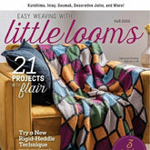 The cover of Long Thread Media's "Easy Weaving with Little Looms - Fall 2022" issue features a vibrant, checkered blanket draped over a mustard yellow couch. Headlines on the magazine include "21 Weaving Projects with Flair," "Try a New Rigid-Heddle Loom Technique," and "3 Tricks for Cleaner Selvedges.