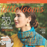 A woman with her hair in a bun is wearing a mustard yellow top and a blue and orange handwoven scarf. The cover text reads "Easy Weaving with Little Looms, Spring 2023" by Long Thread Media. Various articles are highlighted, including "Weave 20 Projects with Tempting Texture" and "Darn it! Visible Mending 101.