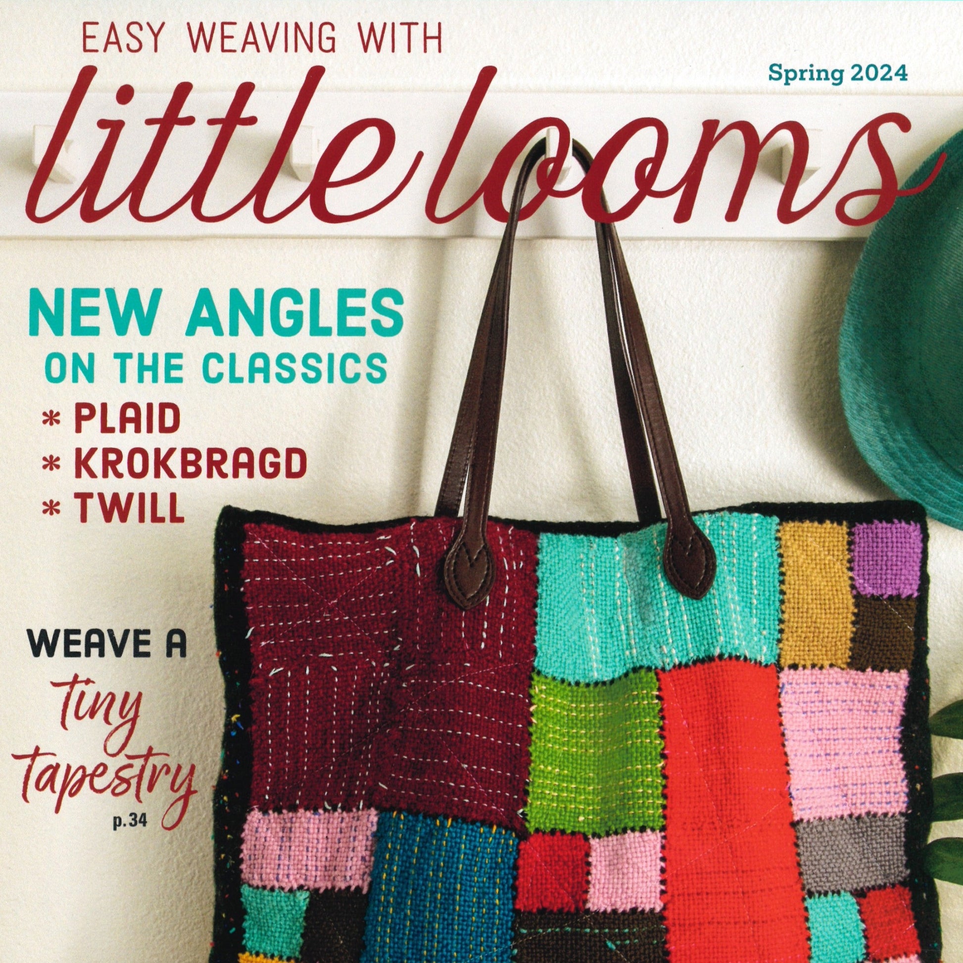 Magazine cover titled "Easy Weaving with Little Looms - Spring 2024" by Long Thread Media. Promises articles on new weaving patterns like plaid, krokbragd, and Tartans by Rose James. Features a multicolored patchwork woven bag with leather straps hanging against a white background.