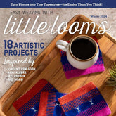 Front cover of Long Thread Media's "Easy Weaving with Little Looms Winter 2024" features a cup of coffee on vibrant woven coasters, emphasizing imaginative weaving techniques through 18 art-inspired projects drawing inspiration from Vincent van Gogh, Anni Albers, and M.C. Escher.