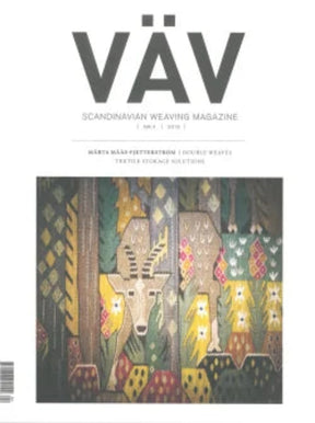 Cover of VÄV Magasinet 4/19 from VÄV Magazine. The cover showcases an intricate tapestry with deer and various geometric patterns in earthy tones. The primary title is at the top, followed by additional text about double weaves and textile storage solutions.