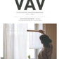 Cover of VÄV Magasinet 4/22, published by VÄV Magazine. The subtitle reads "Scandinavian Weaving Magazine." A person adjusts a white curtain beside a window in a room bathed in light. Topics include weaving equipment, an evergreen bedroom, Viking Age attire, and hand towels.